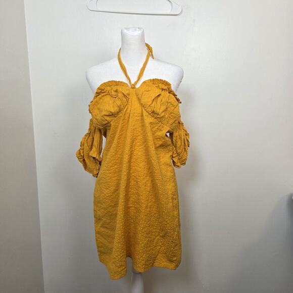 ASOS Yellow Off Shoulder Babydoll Bow Tie Casual Cute Mini Sundress Size 6 - Picture 2 of 9